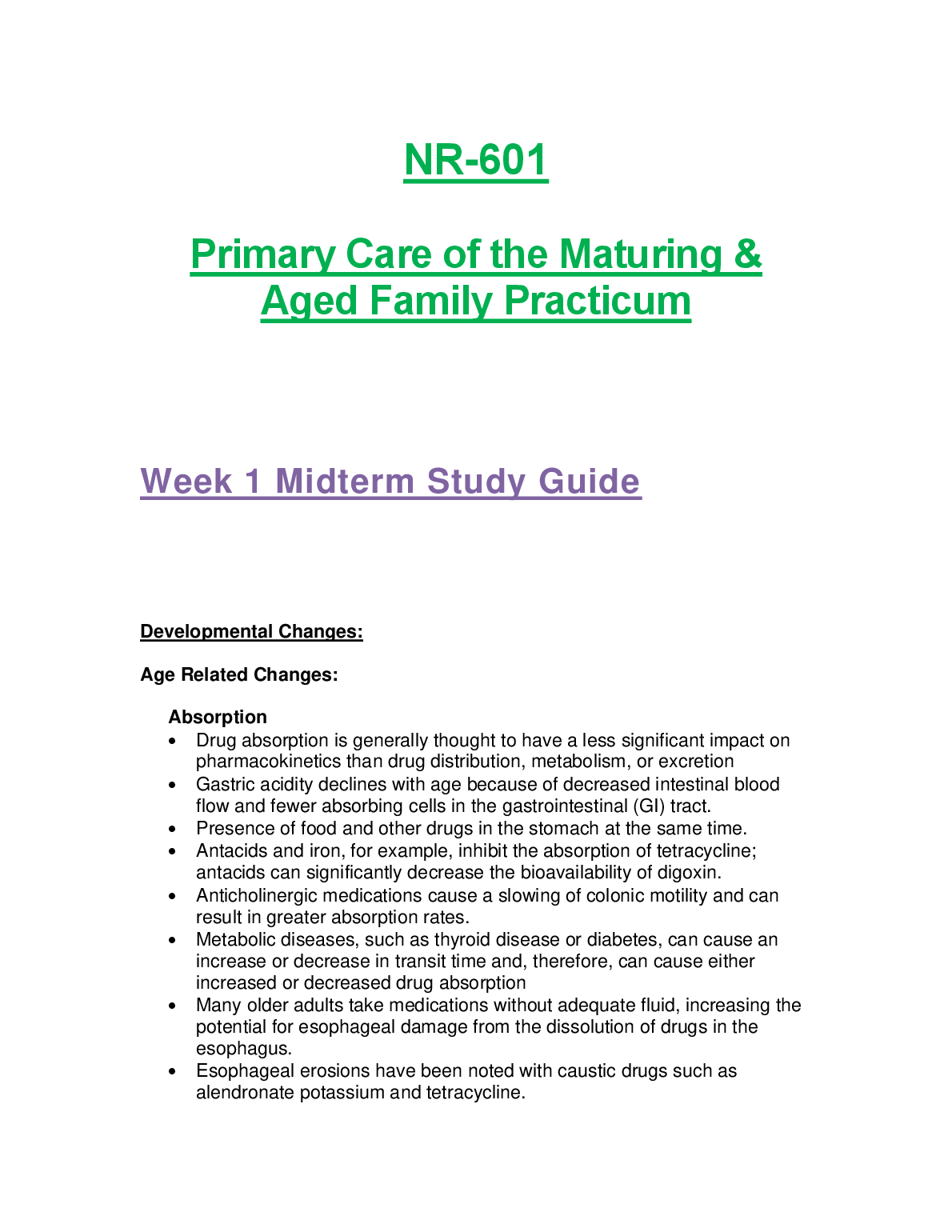 NR 601 Aging Pharmacology Week 1 Midterm Study Guide