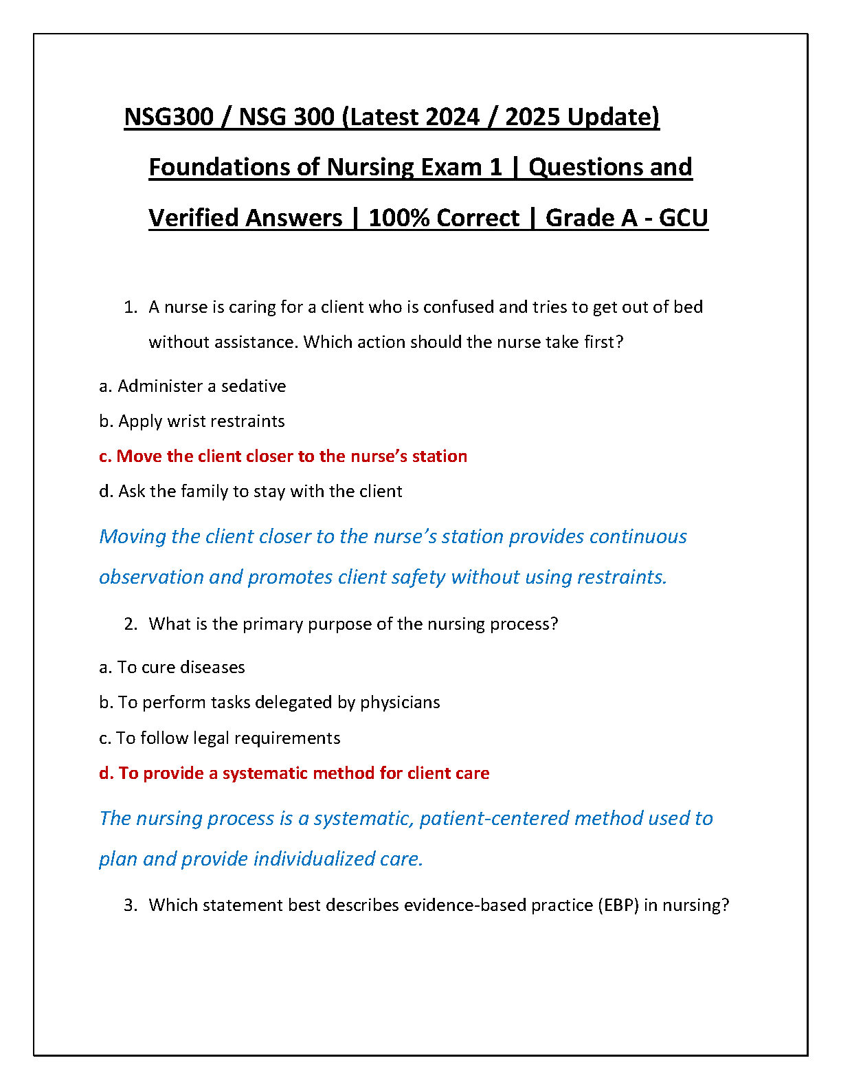 NSG 300 Foundations Nursing Exam 1 Test Bank GCU 2026/27