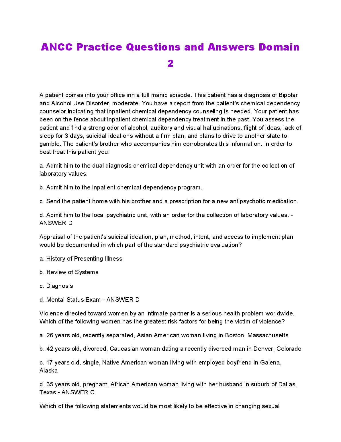 ANCC Domain 2 Practice Questions 2026/2027 Exam Prep