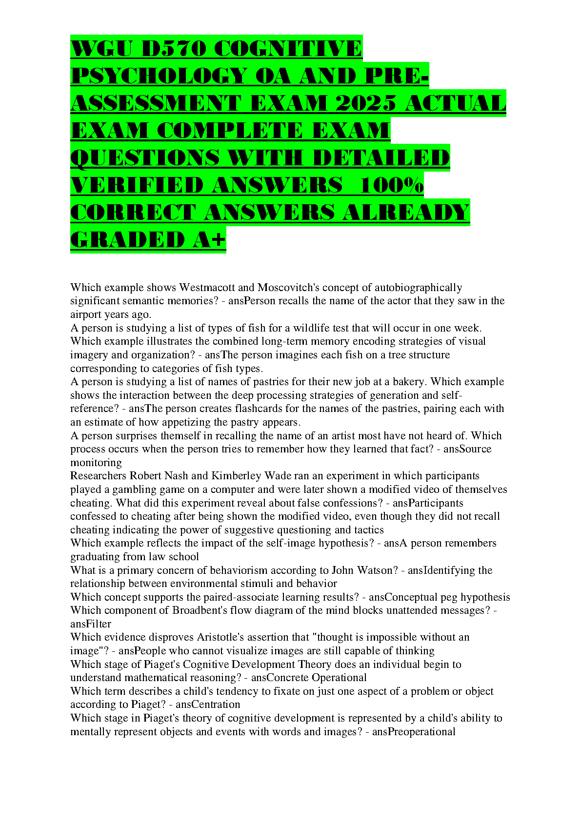 WGU D570 Cognitive Psychology Test Bank 2025