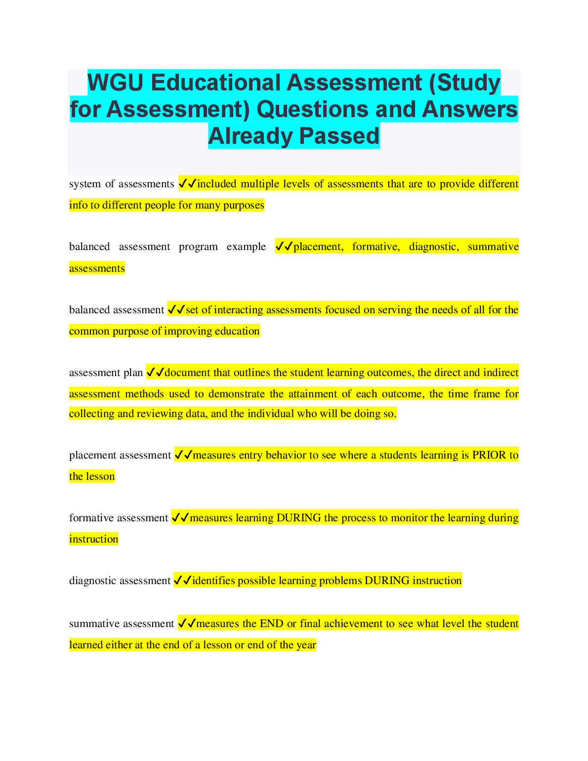 WGU Educational Assessment Study Guide Questions Answers