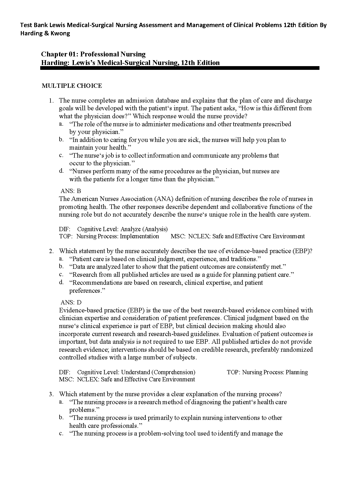 Lewis Med Surg Nursing Test Bank 12e Harding 2026/27