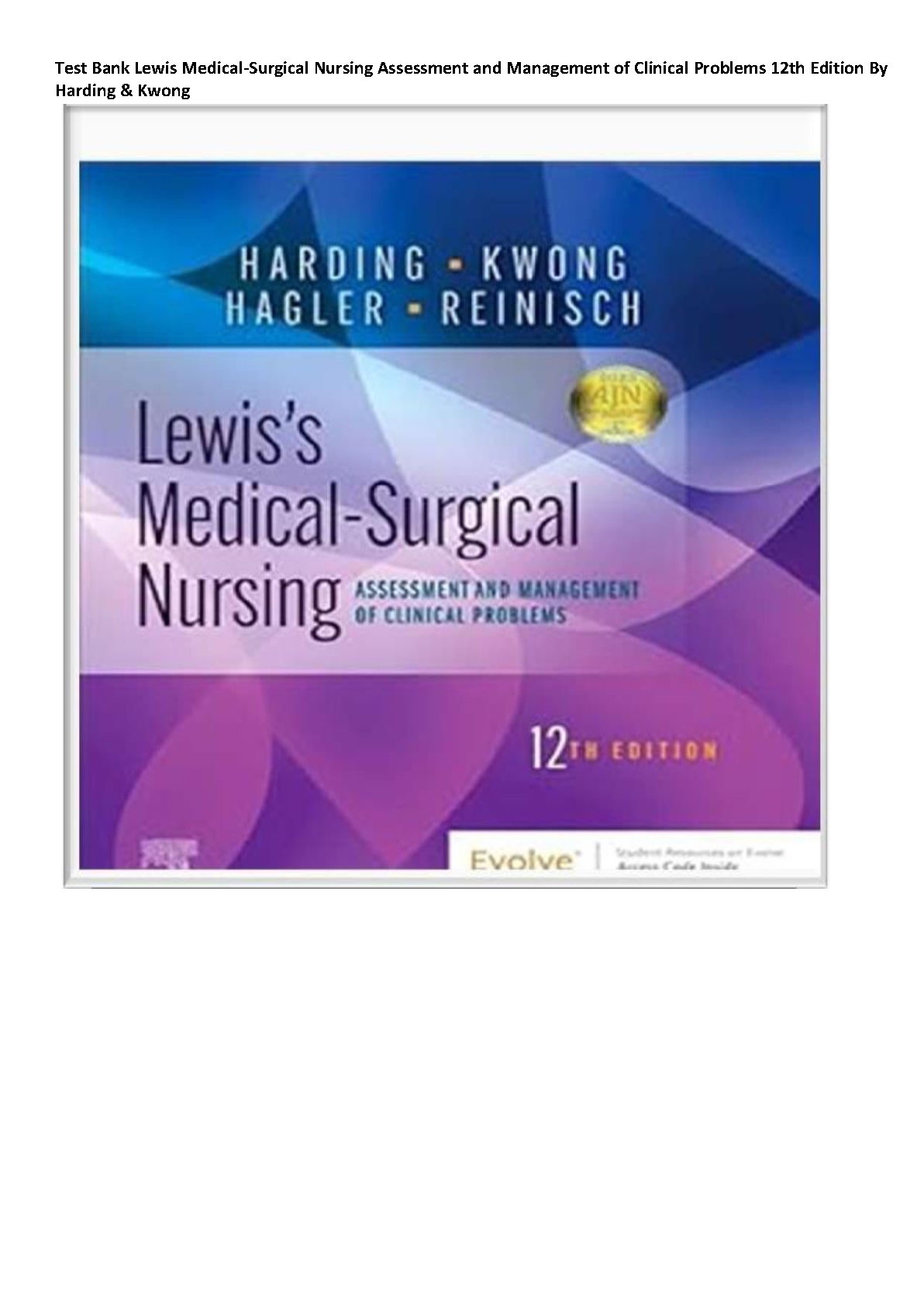 Lewis Med Surg Nursing Test Bank 12e Harding 2026/27