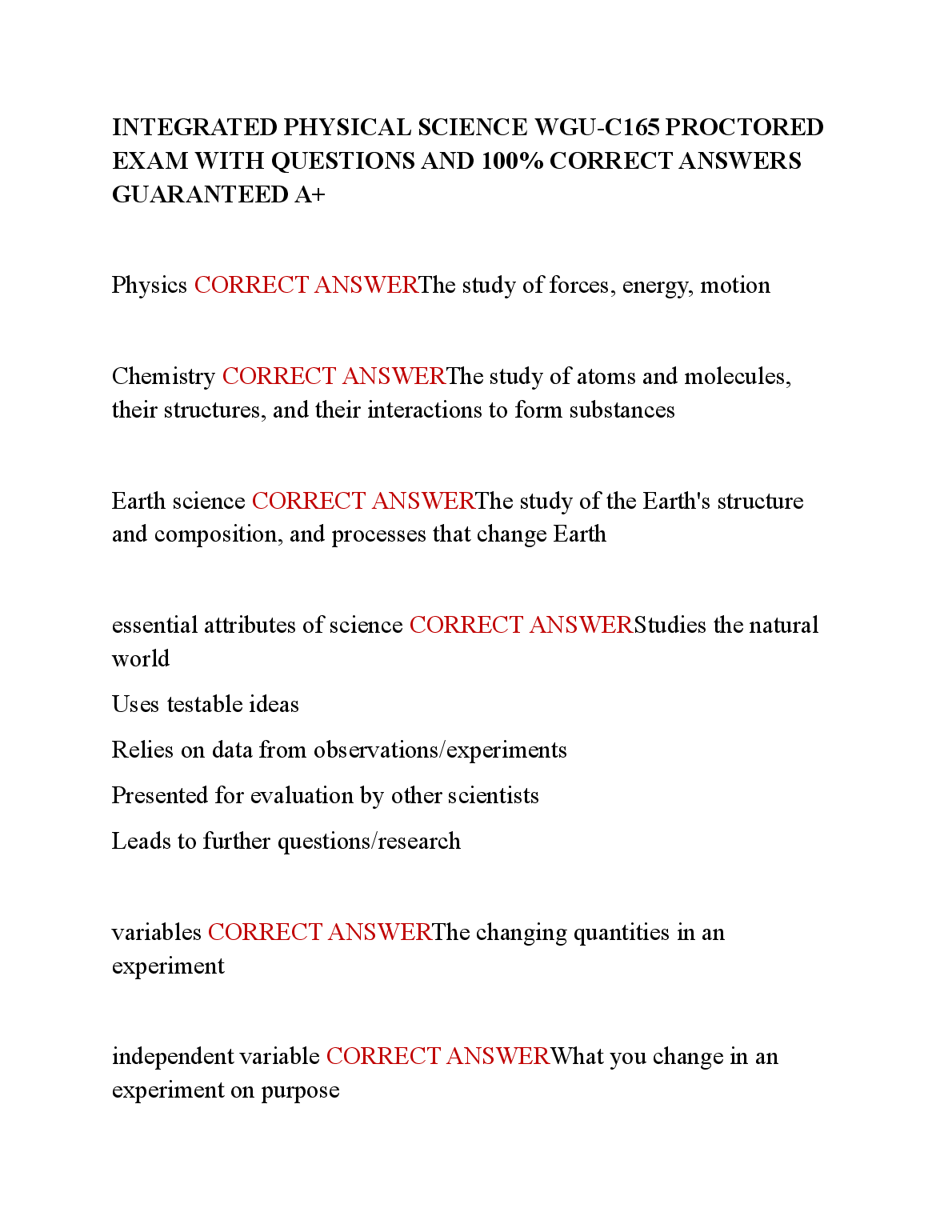 WGU C165 Physics Chemistry Earth Science Exam Prep 2025