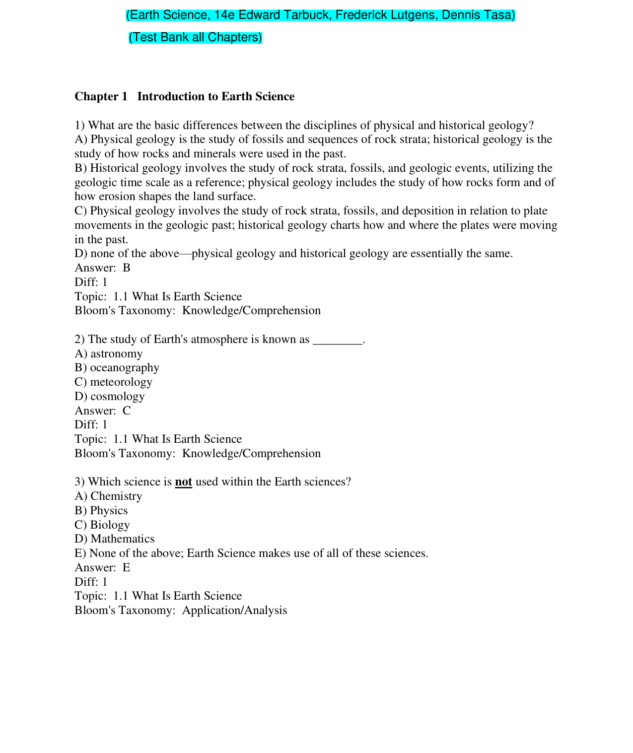 Earth Science 14th Edition TEST BANK