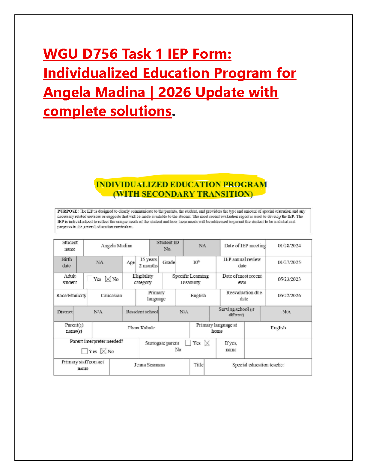 WGU D756 Task 1 Angela Madina IEP Form Solution Guide