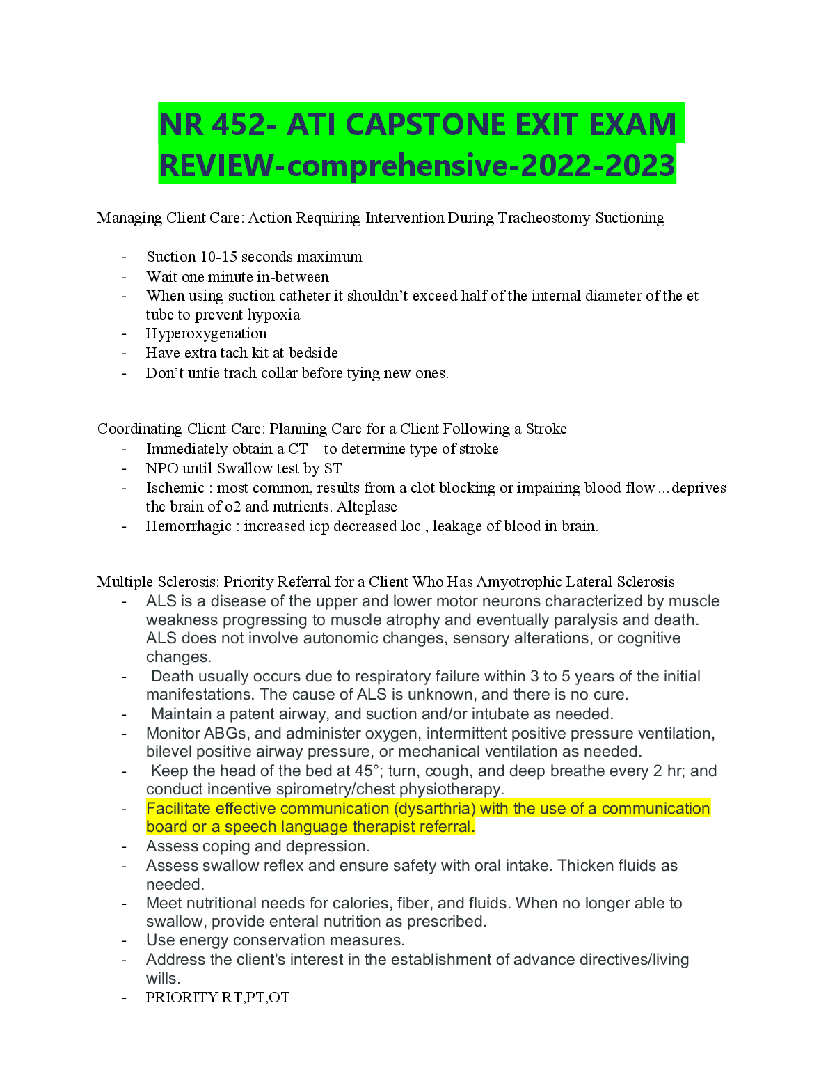 ATI Capstone Exit Exam Review NR 452 Nursing 2026/27