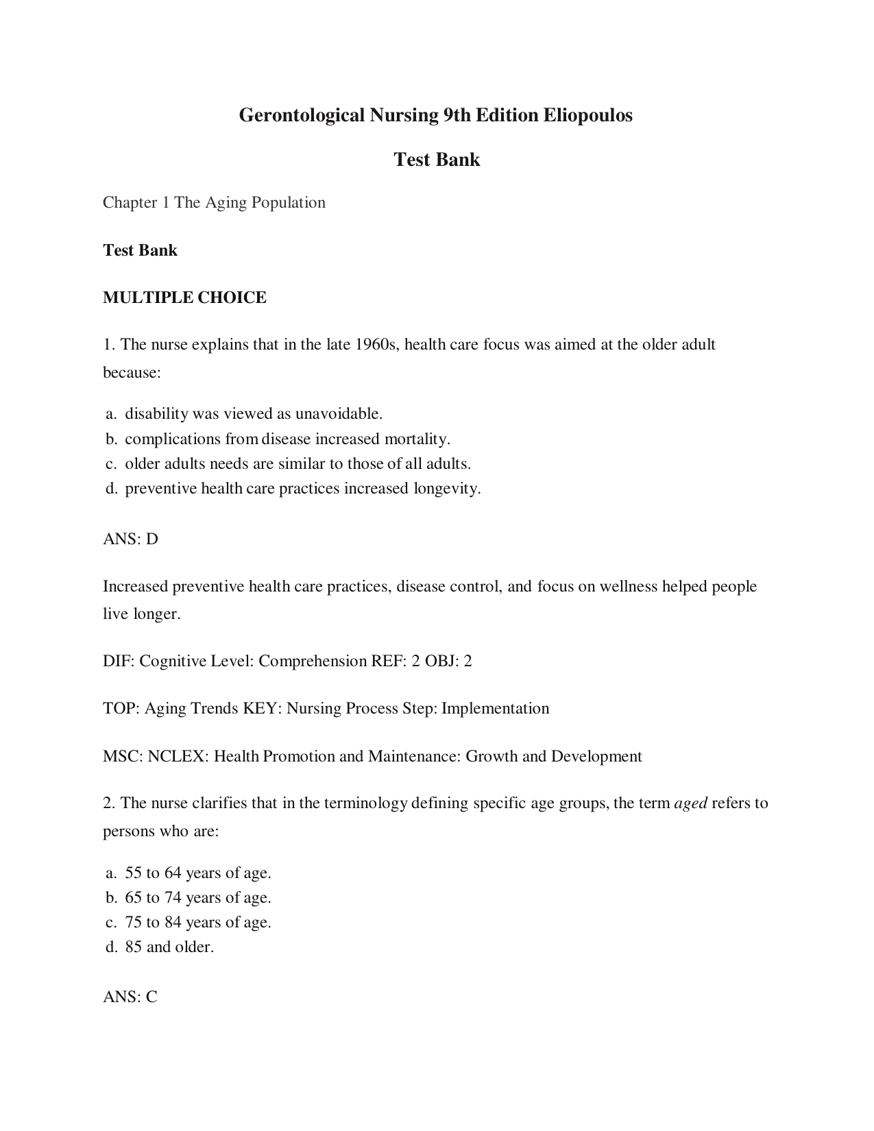 Gerontological Nursing 9th Edition TEST BANK