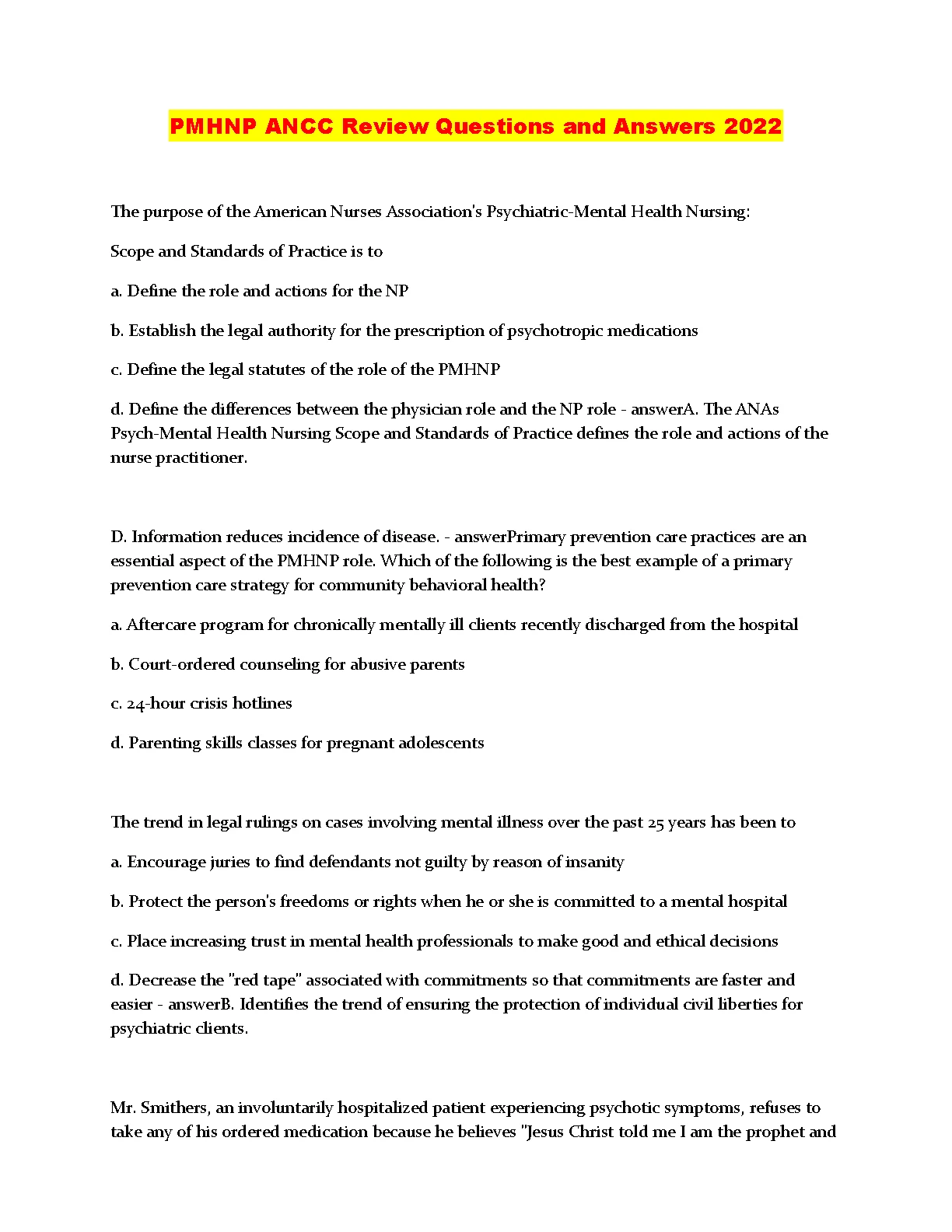 PMHNP ANCC Practice Questions 2026/2027 Test Bank