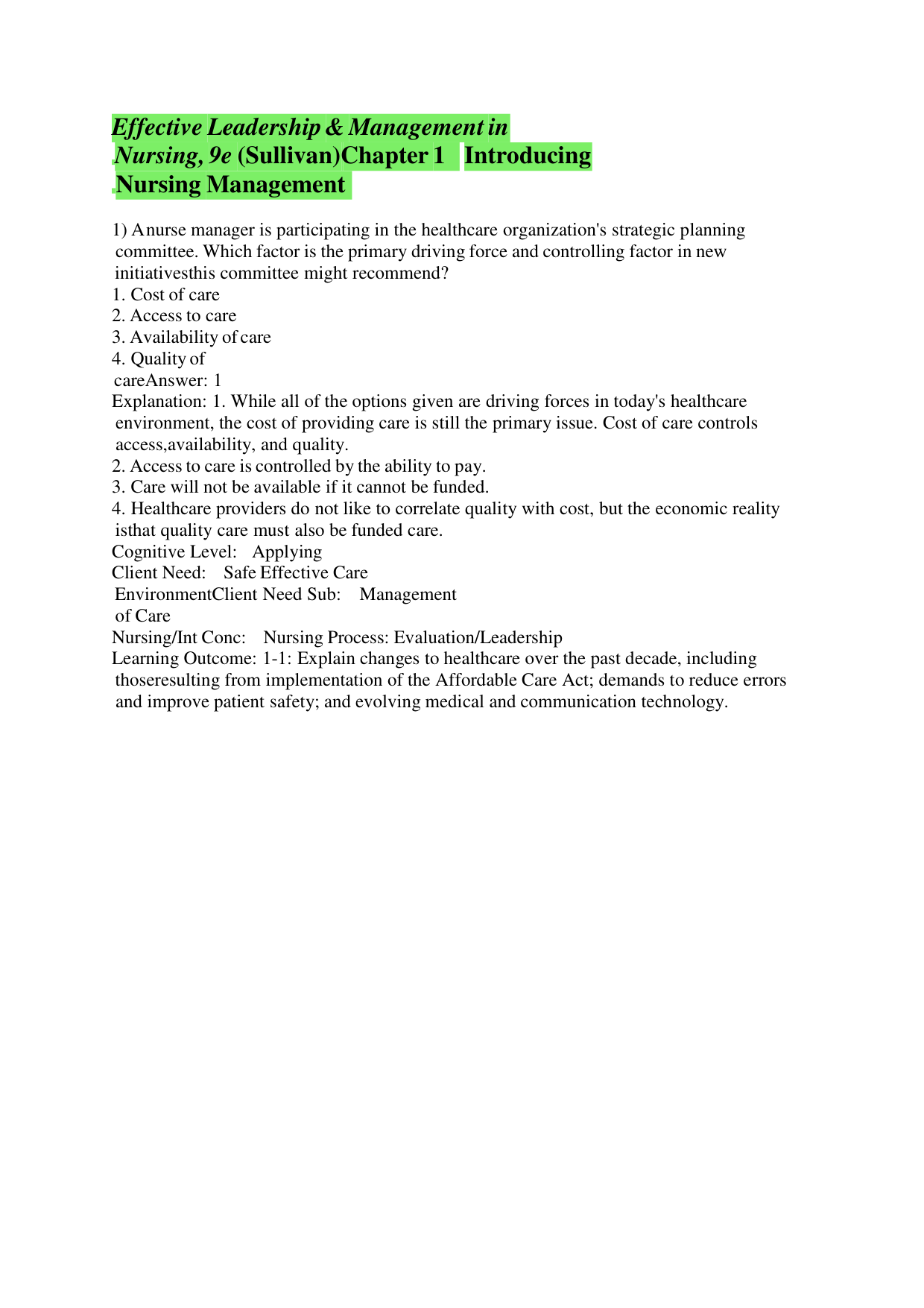 Effective Leadership and Management in Nursing Test Bank