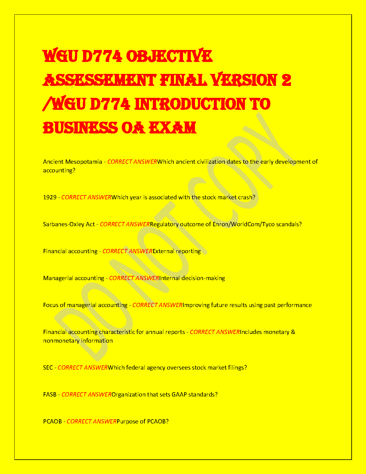 WGU D774 Intro to Business OA Test Bank V2