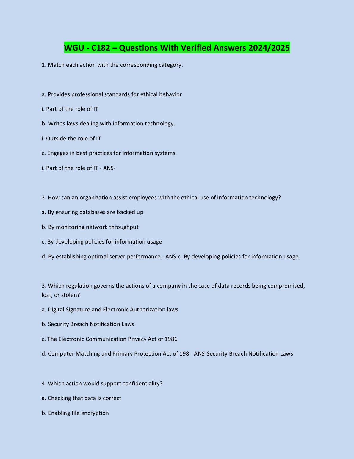 WGU C182 Exam Questions And Verified Answers 2024 2025