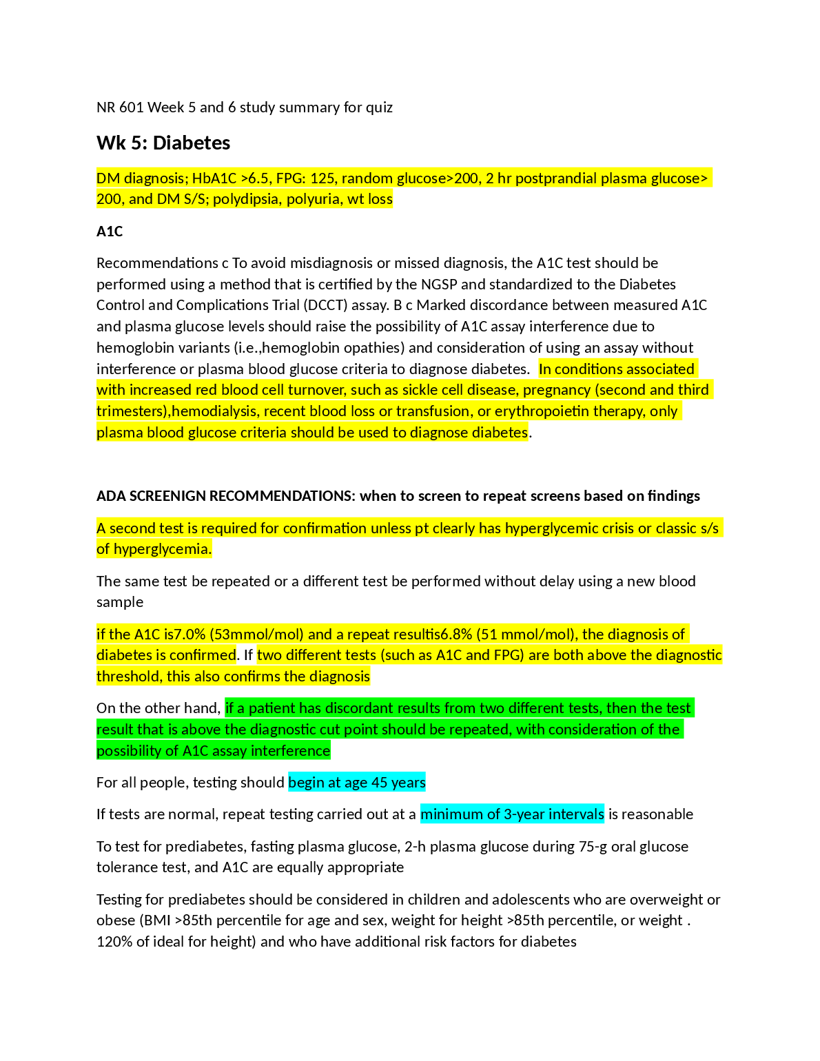 NR 601 Weeks 5-6 Study Guide: Diabetes & A1C Diagnosis 2024