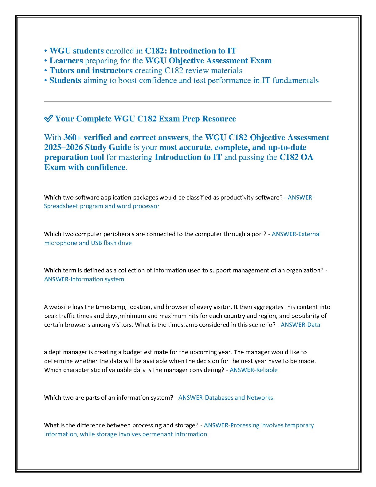 WGU C182 Intro to IT Test Bank 2025-2026