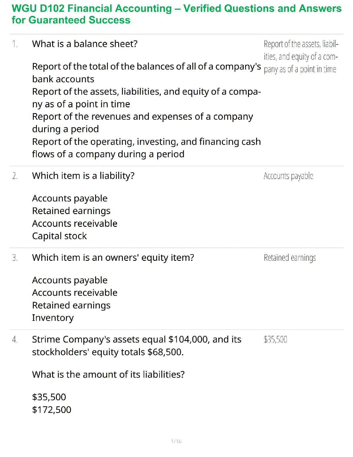 WGU D102 Financial Accounting Test Bank Q&A
