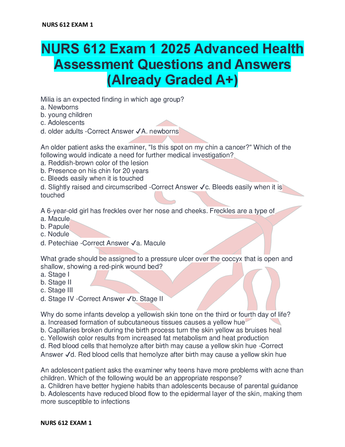 NURS 612 Exam 1 Advanced Health Assessment Test Bank