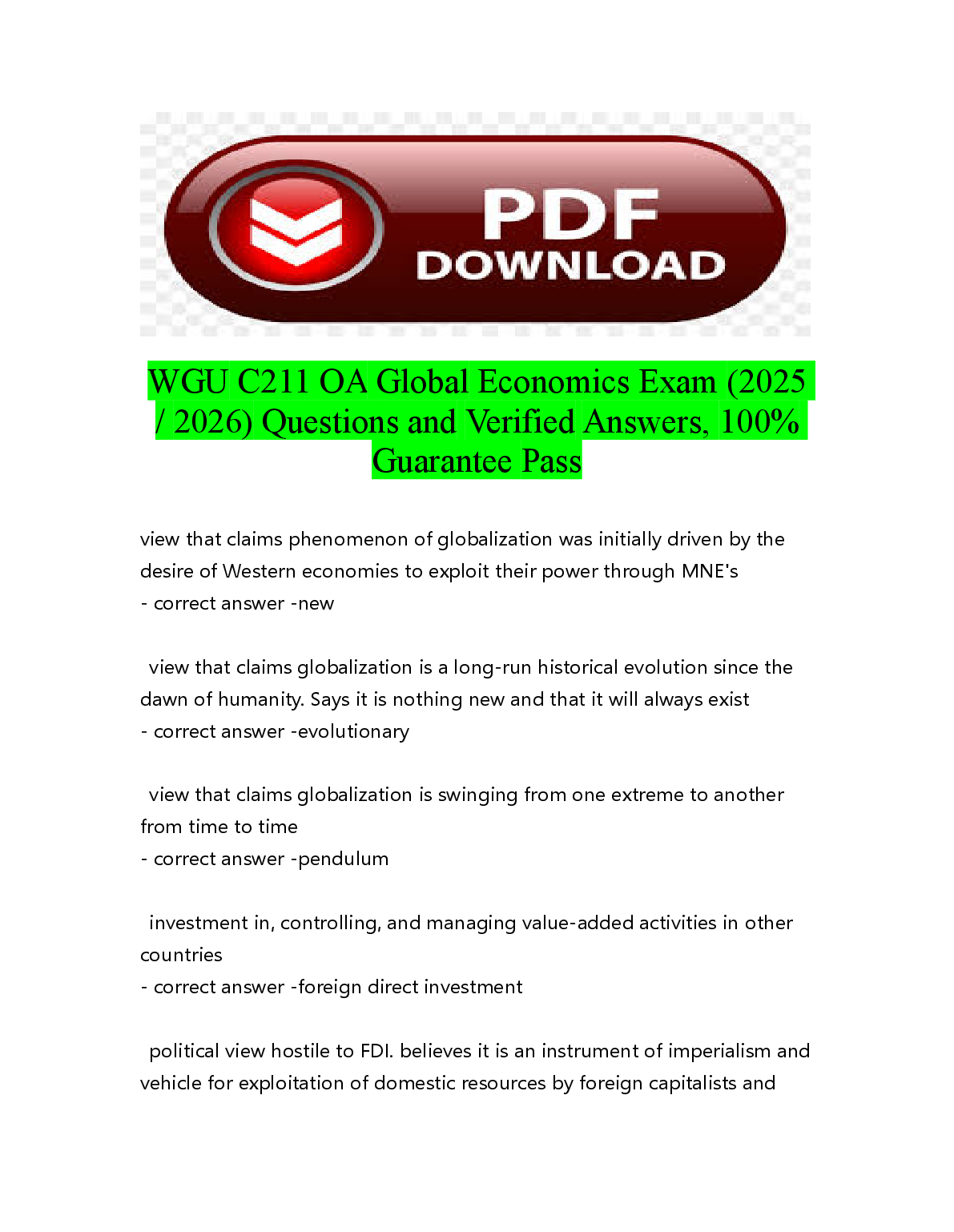 WGU C211 Global Economics Test Bank 2025 Answers