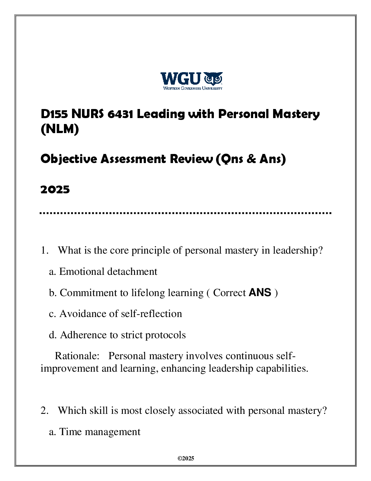 WGU NURS 6431 Leading With Personal Mastery Exam Q&A 2025