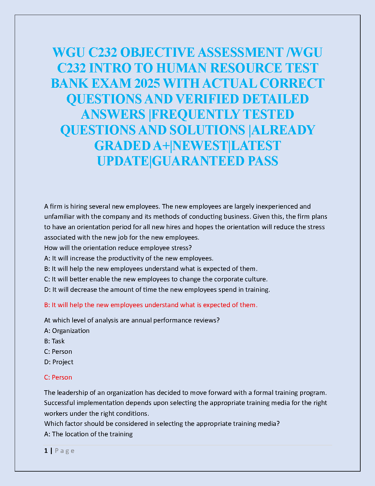 WGU C232 HRM Test Bank 2025 | Intro to Human Resources Exam Prep IMG-1