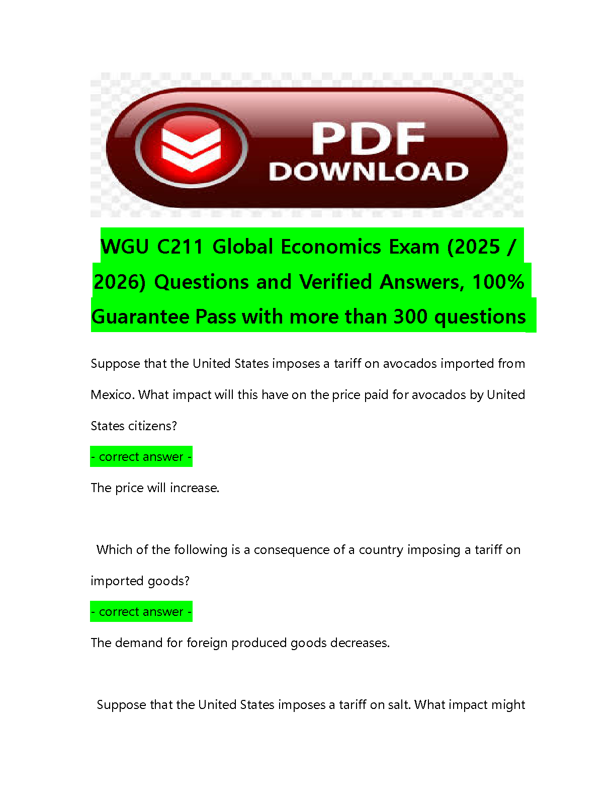 WGU C211 Global Economics Exam Questions and Answers