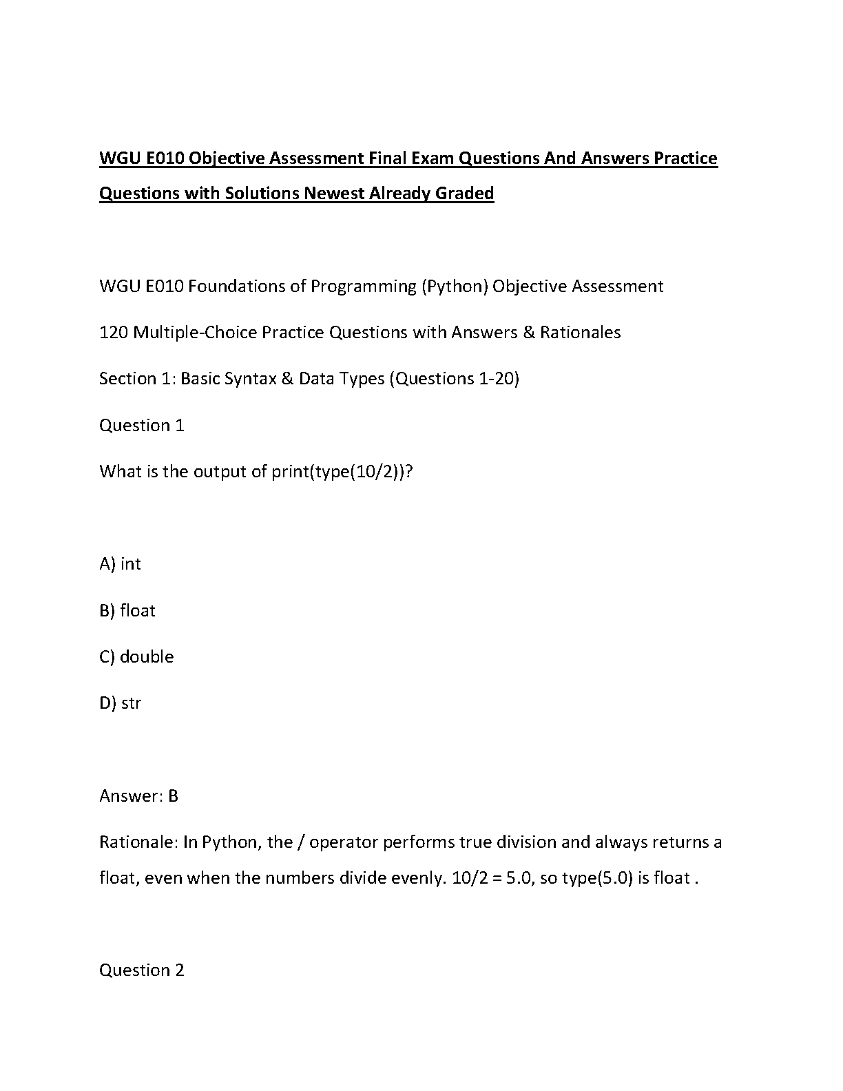 WGU E010 Python Question Bank 2026: Assessments & Answers