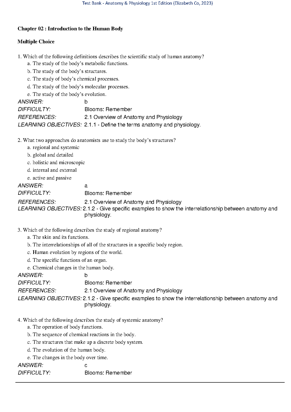 Anatomy & Physiology Test Bank Elizabeth Mack Co Ch 02 Answers