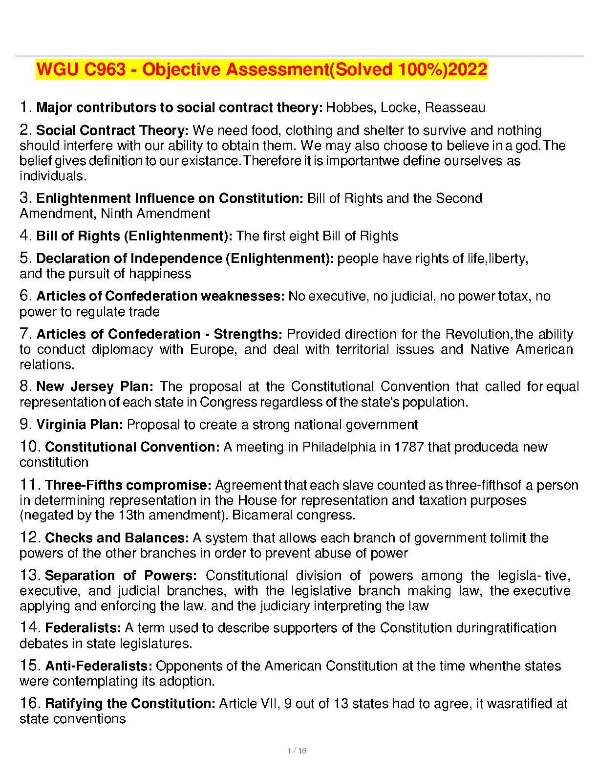 WGU C963 US Govt Study Guide & Answer Key (2024/25)