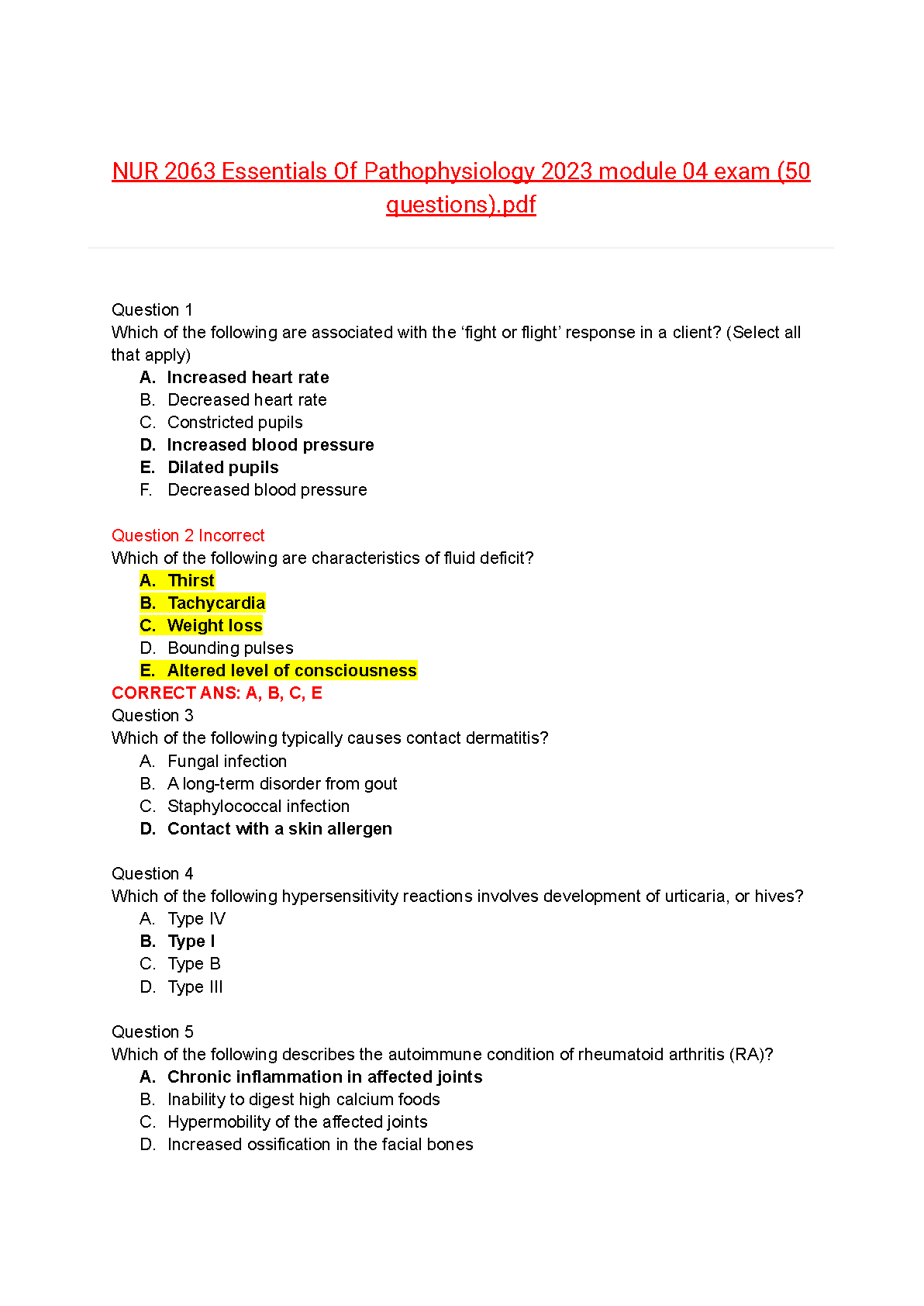Pathophysiology Module 4 Test Bank NUR 2063 | Porth Matfin 5e