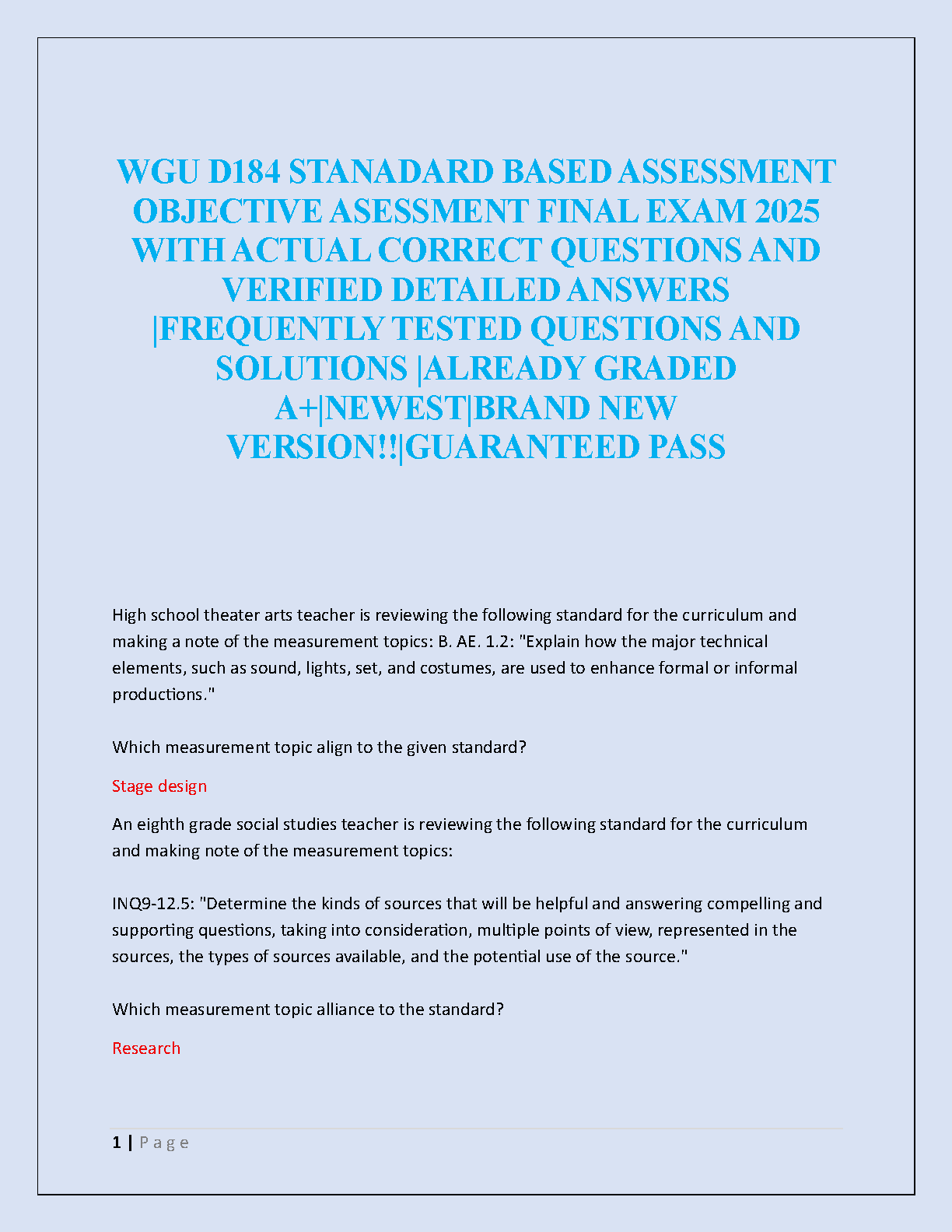 WGU D184 Standard Based Assessment Final Exam Solutions 2025
