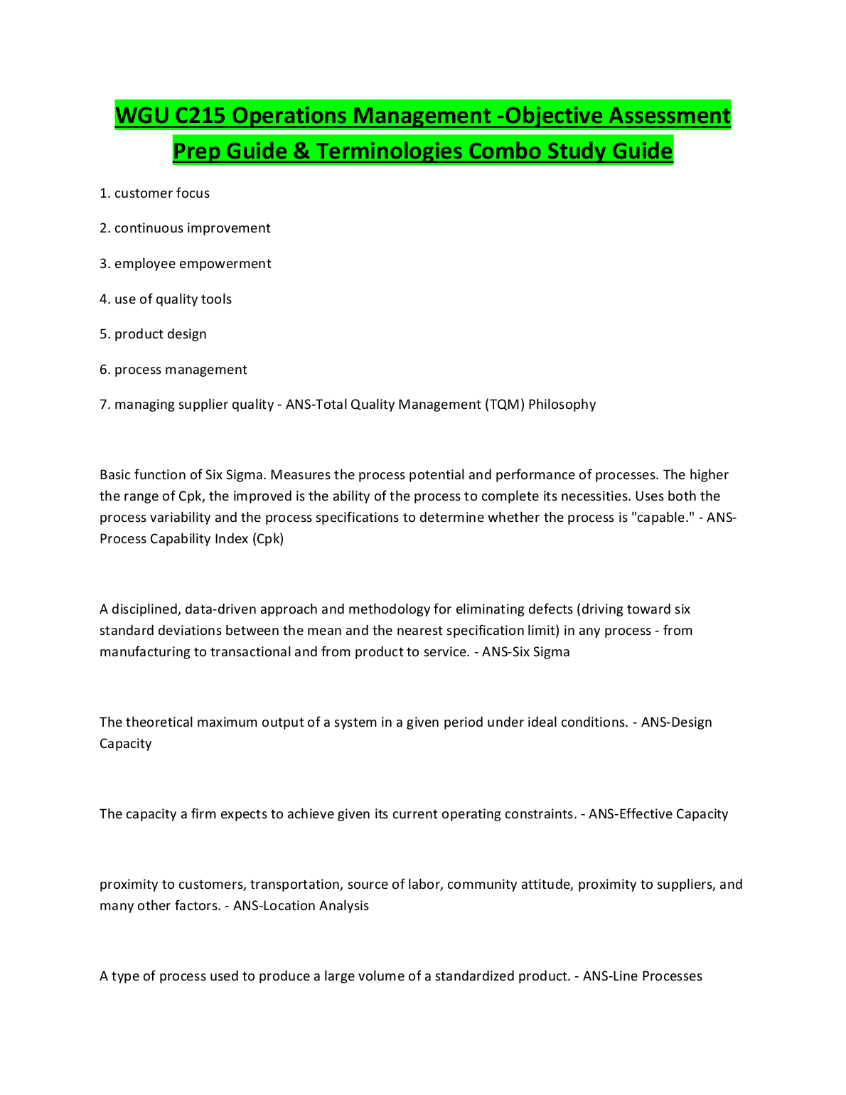 WGU C215 Operations Management Exam Prep Guide & Terms