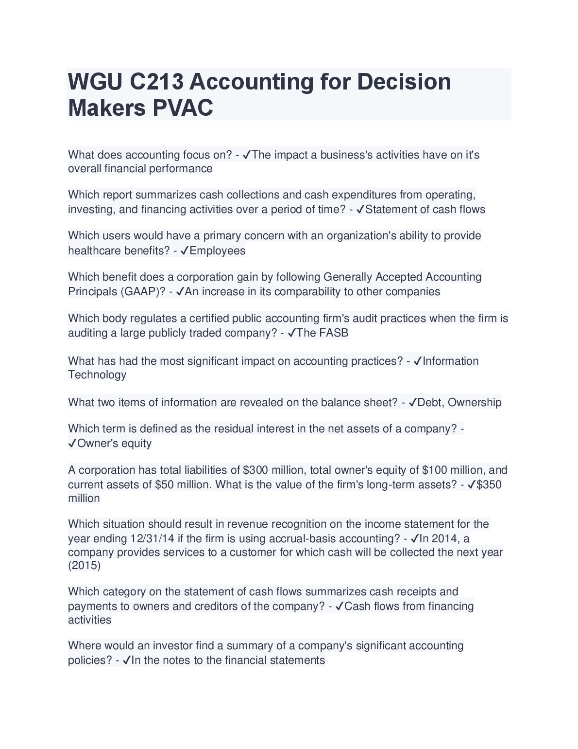 WGU C213 Accounting PVAC Study Guide 2024/2025