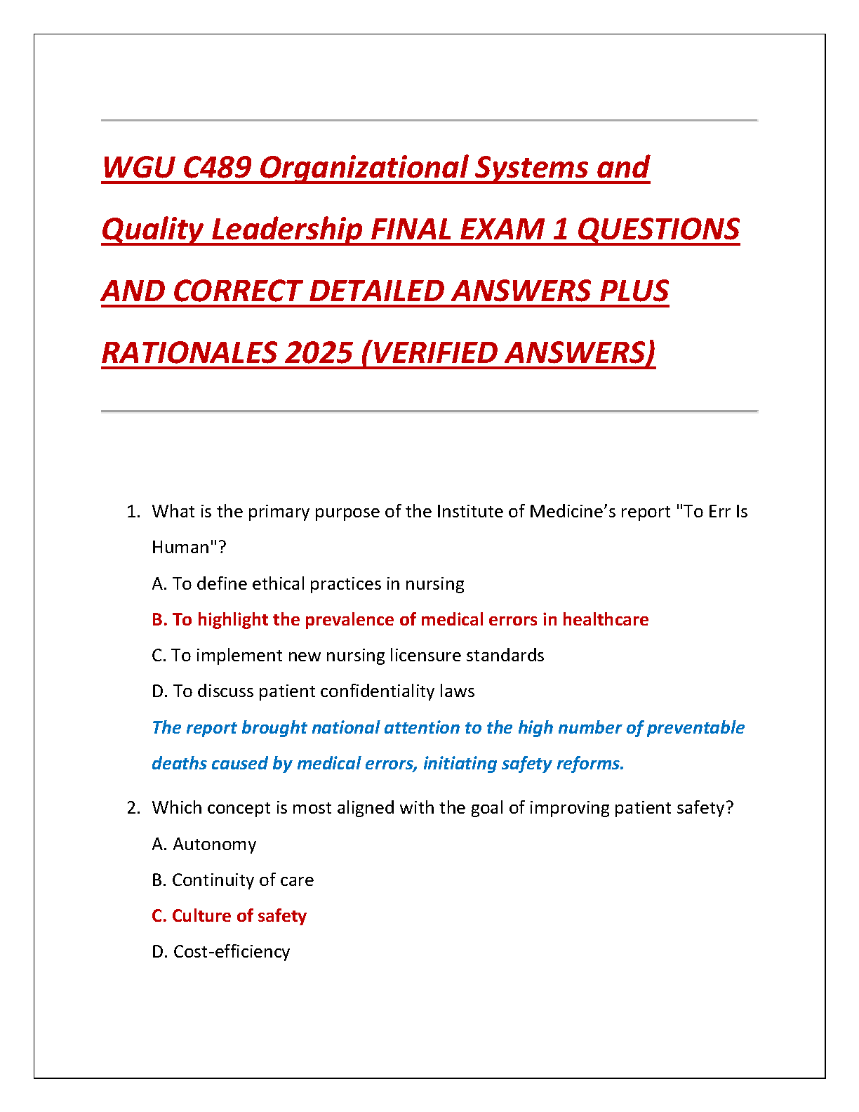 WGU C489 Org Systems & Quality Leadership Final Exam Bank