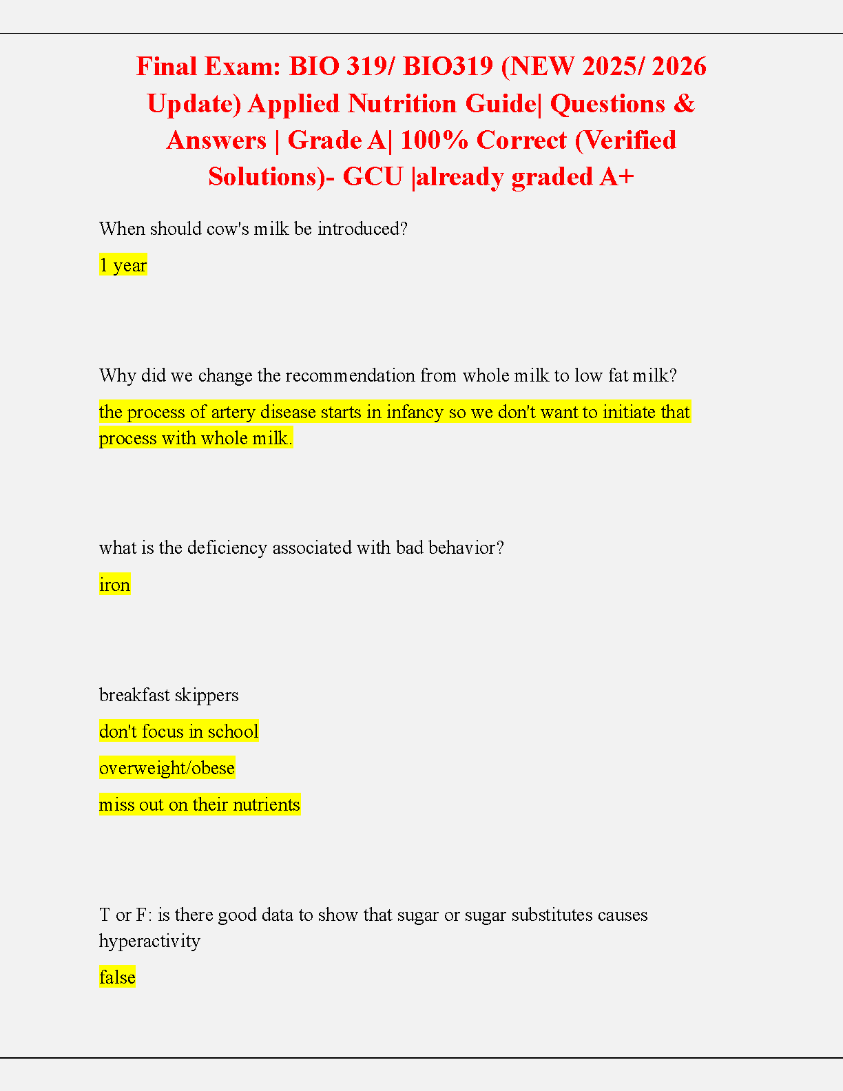 GCU BIO 319 Applied Nutrition Study Guide 2026