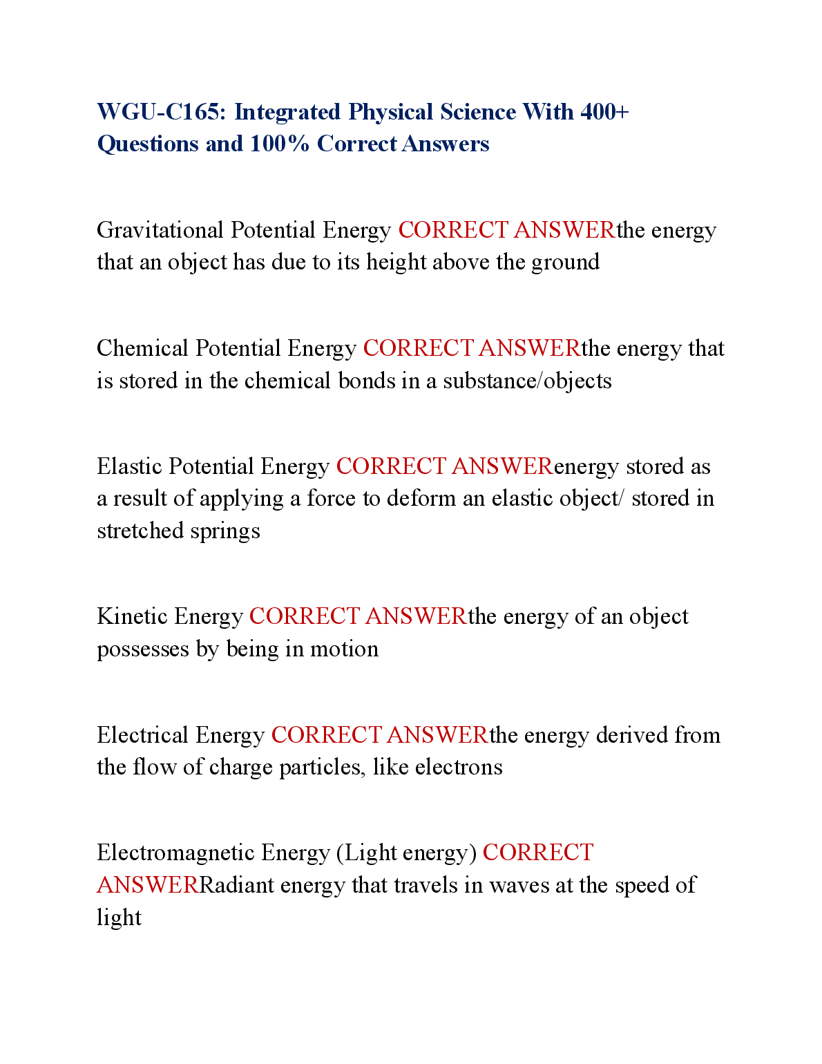 WGU C165 Integrated Physical Science Exam Questions Answers