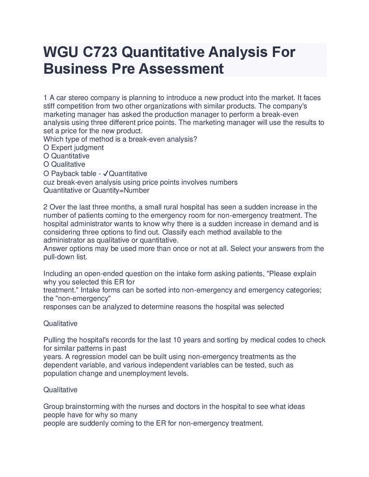 WGU C723 Quantitative Analysis Pre Assessment Study Guide 2025
