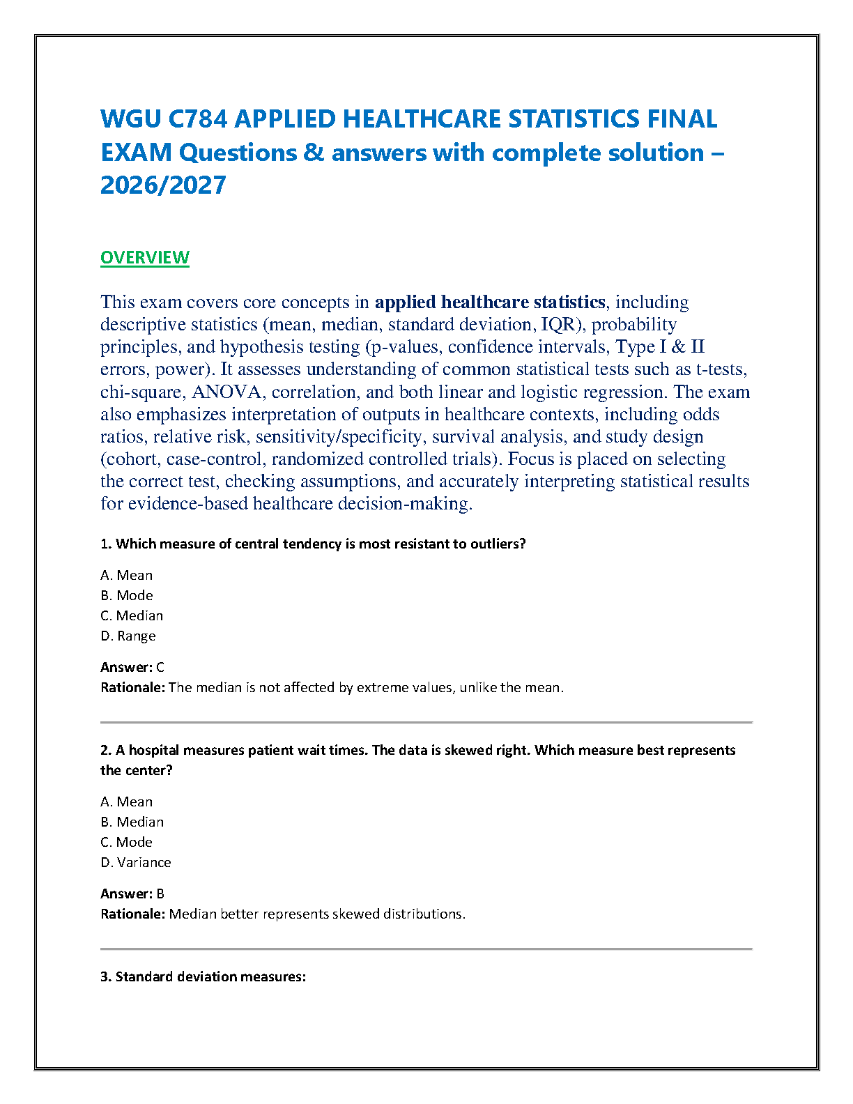 WGU C784 Applied Healthcare Statistics Study Guide