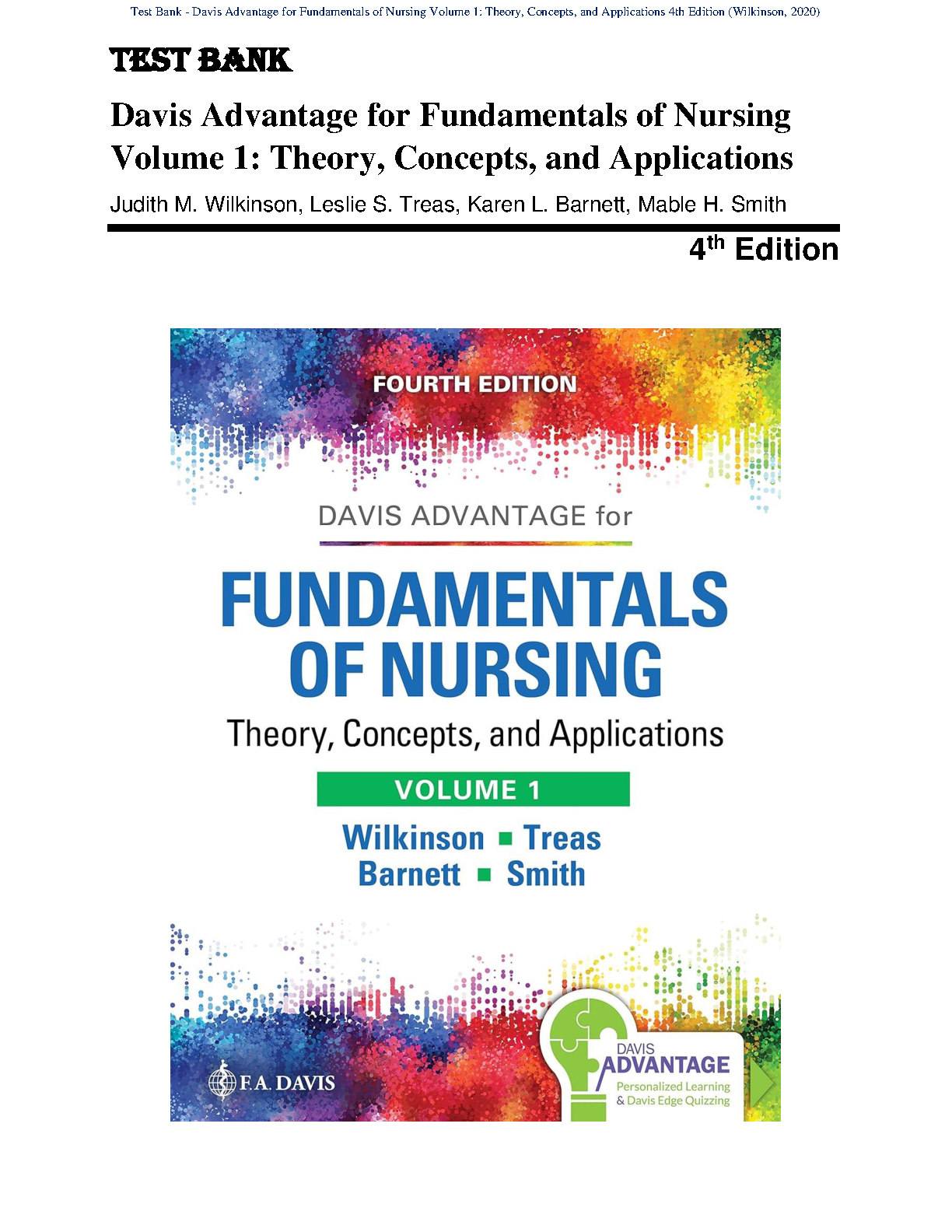 Fundamentals of Nursing Vol 1 Test Bank 4th Ed Wilkinson