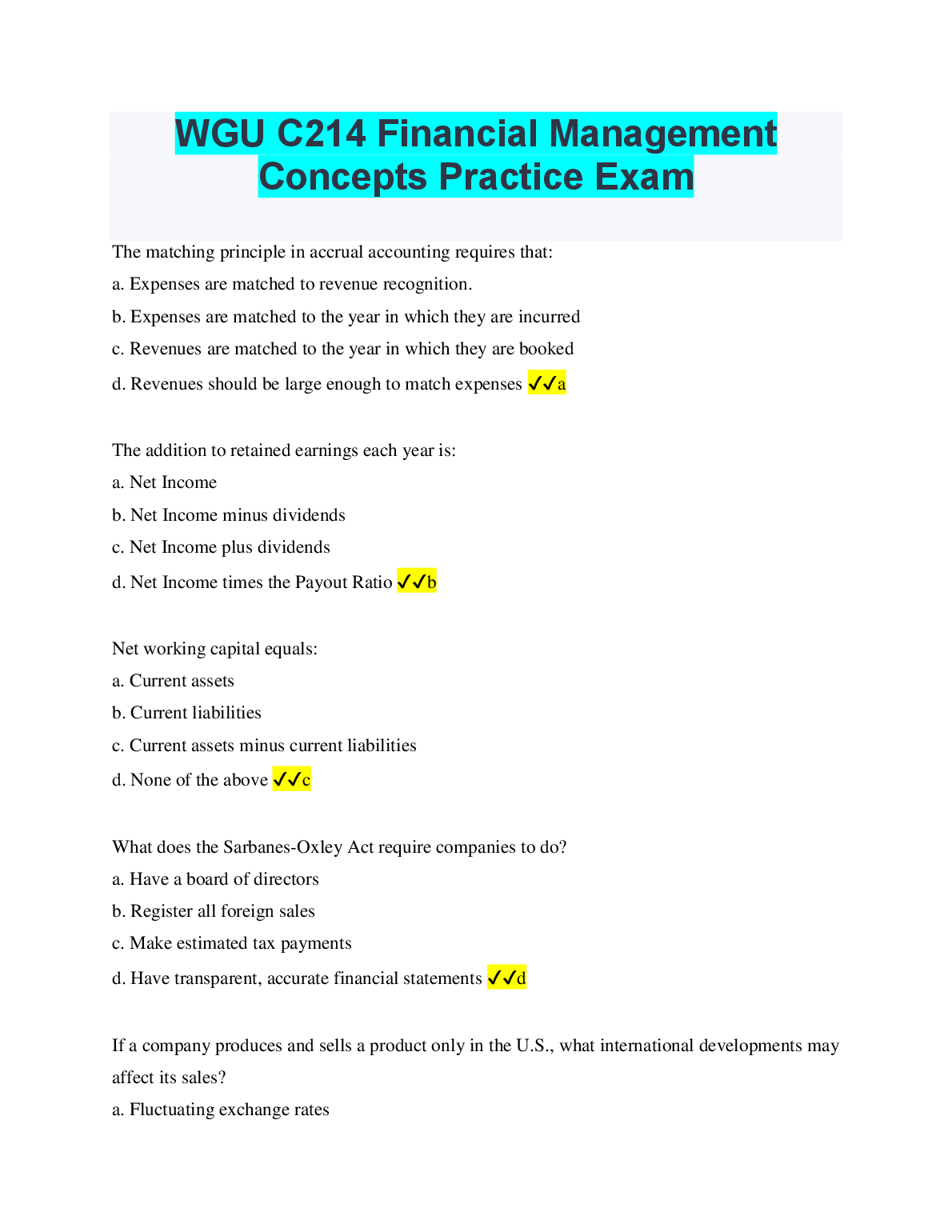 C214 Financial Mgmt Practice Exam Answers WGU