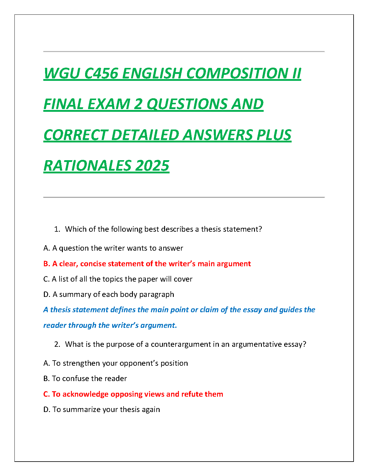 WGU C456 Eng Comp II Exam 2 Test Bank 2025 Qs and Answers