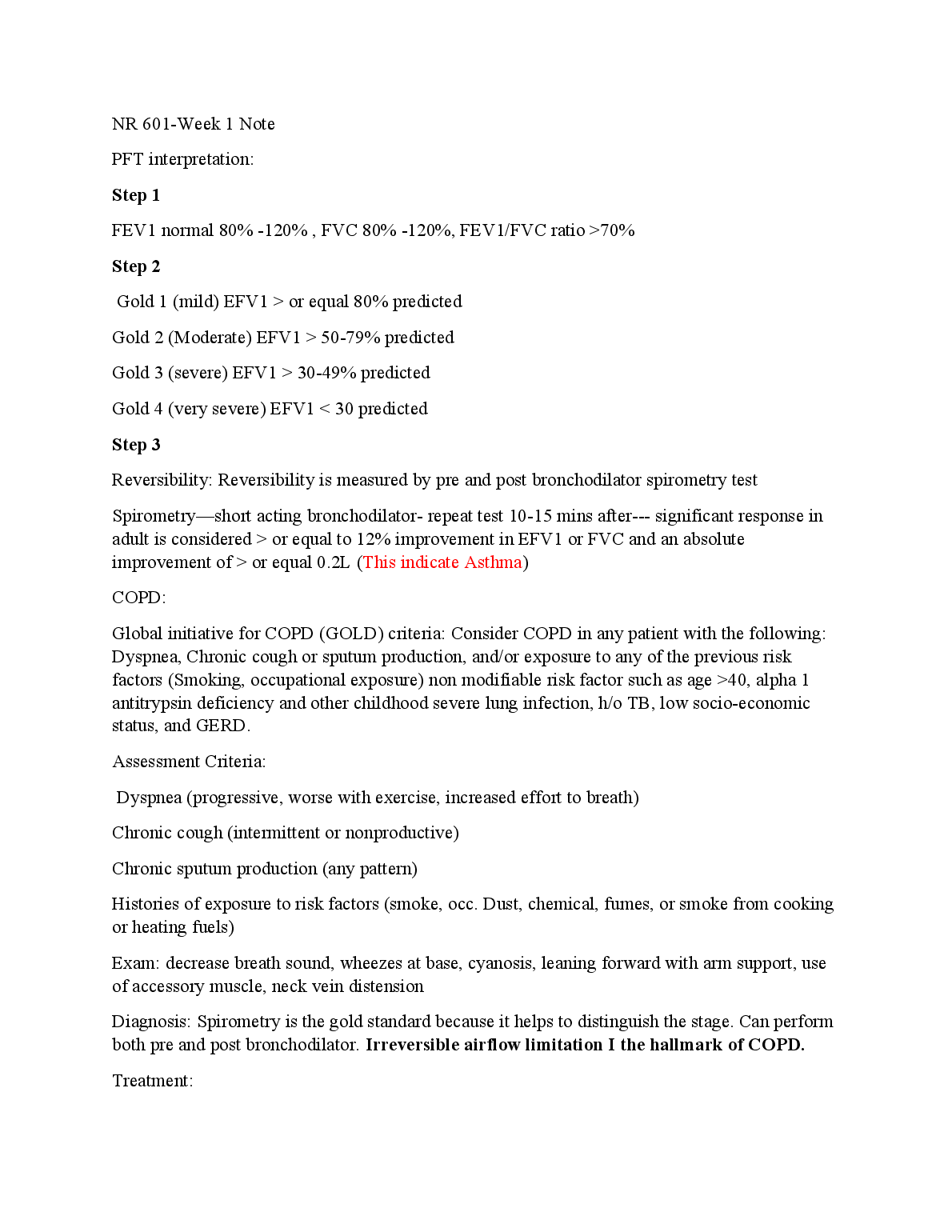 NR 601 Week 1 Note: COPD & PFT Interpretation Study Guide