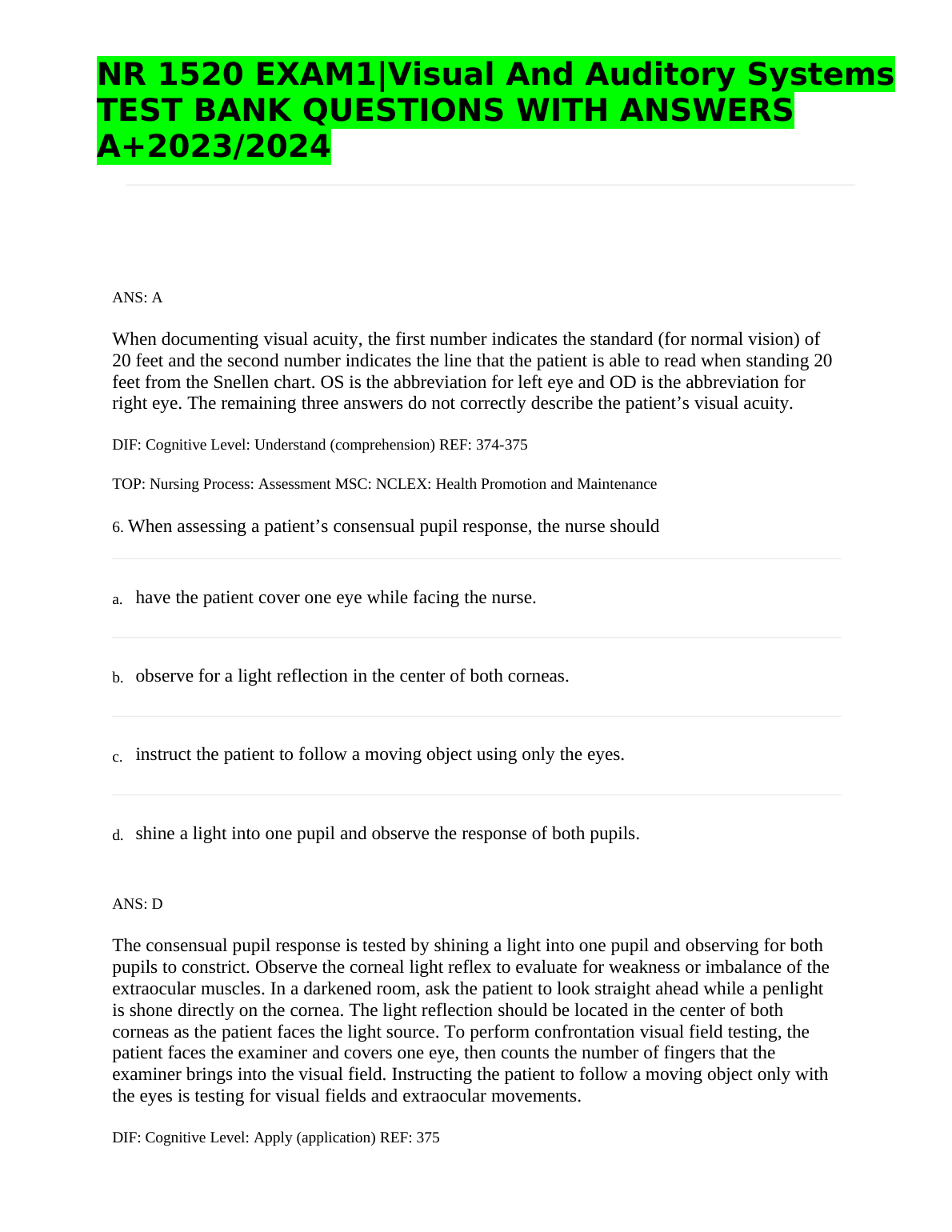 NR 1520 Visual & Auditory Test Bank 2026/27