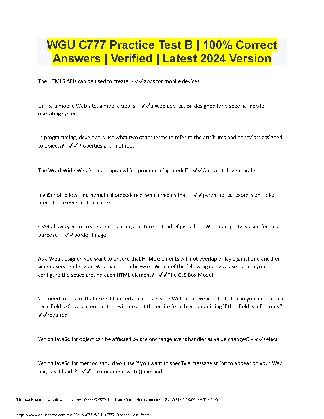 WGU C777 Web Dev Apps Exam Prep 2024-2025 | Verified Qs & Ans IMG-1