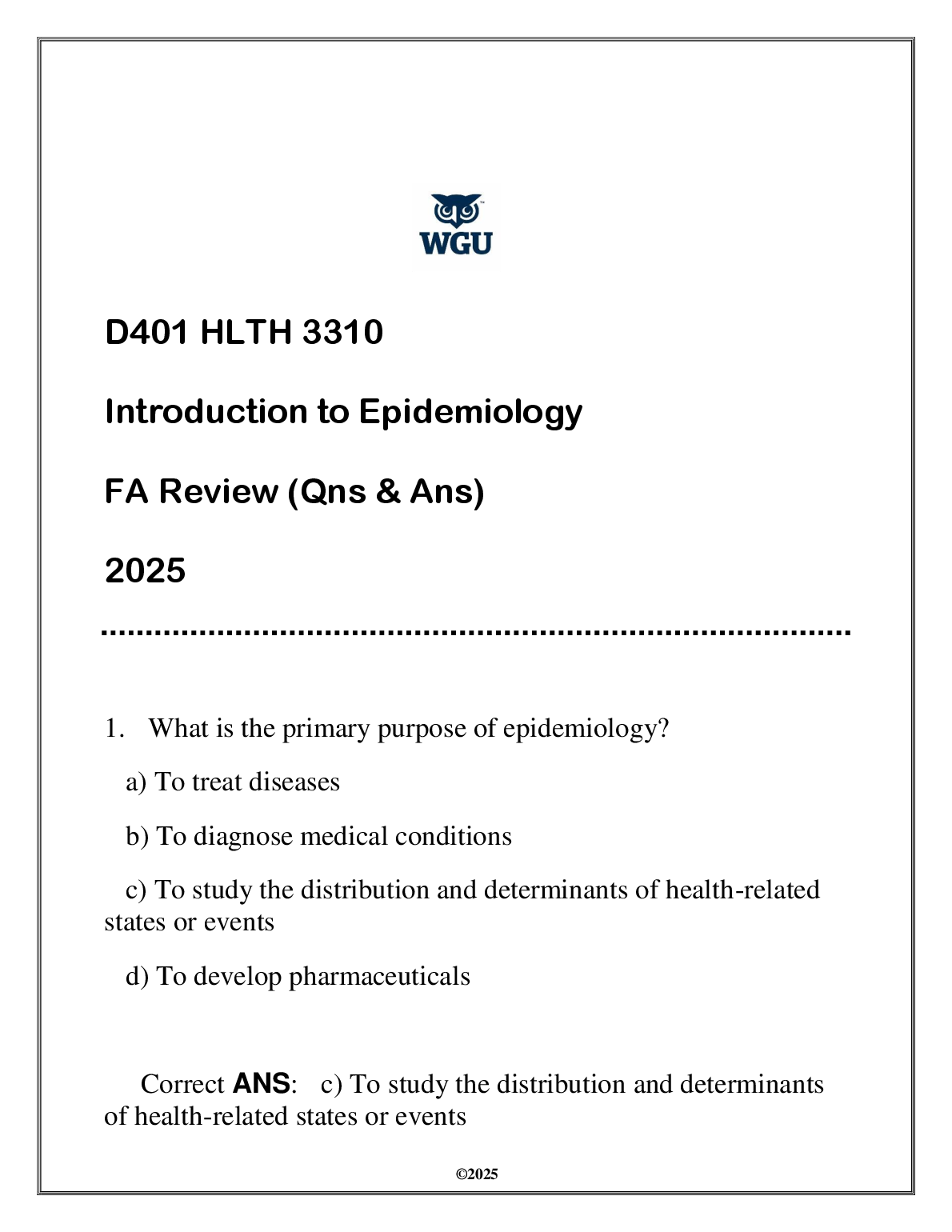 WGU HLTH 3310 Epidemiology Test Bank 2025 Answers