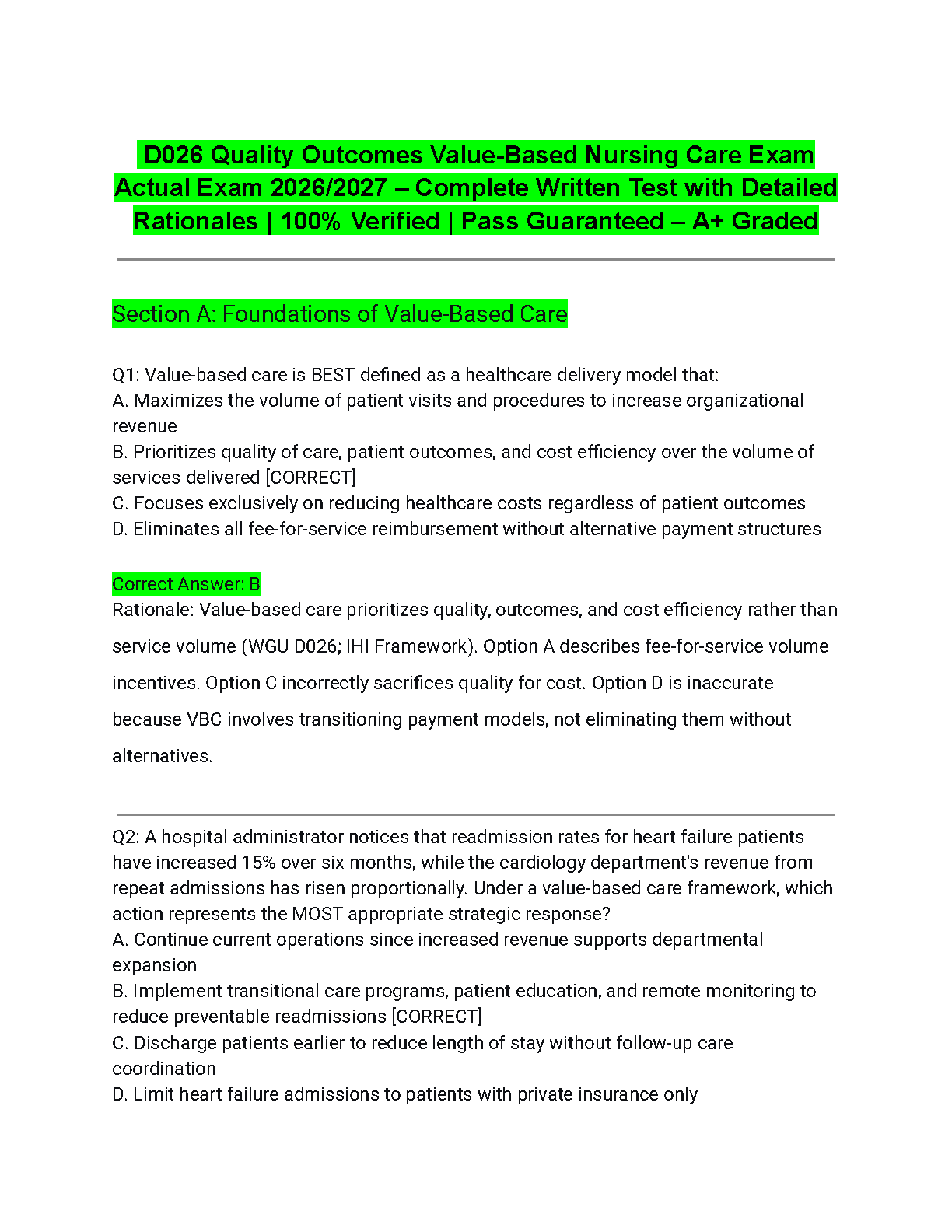 WGU D026 Value Based Care Test Bank 2026 IMG-1