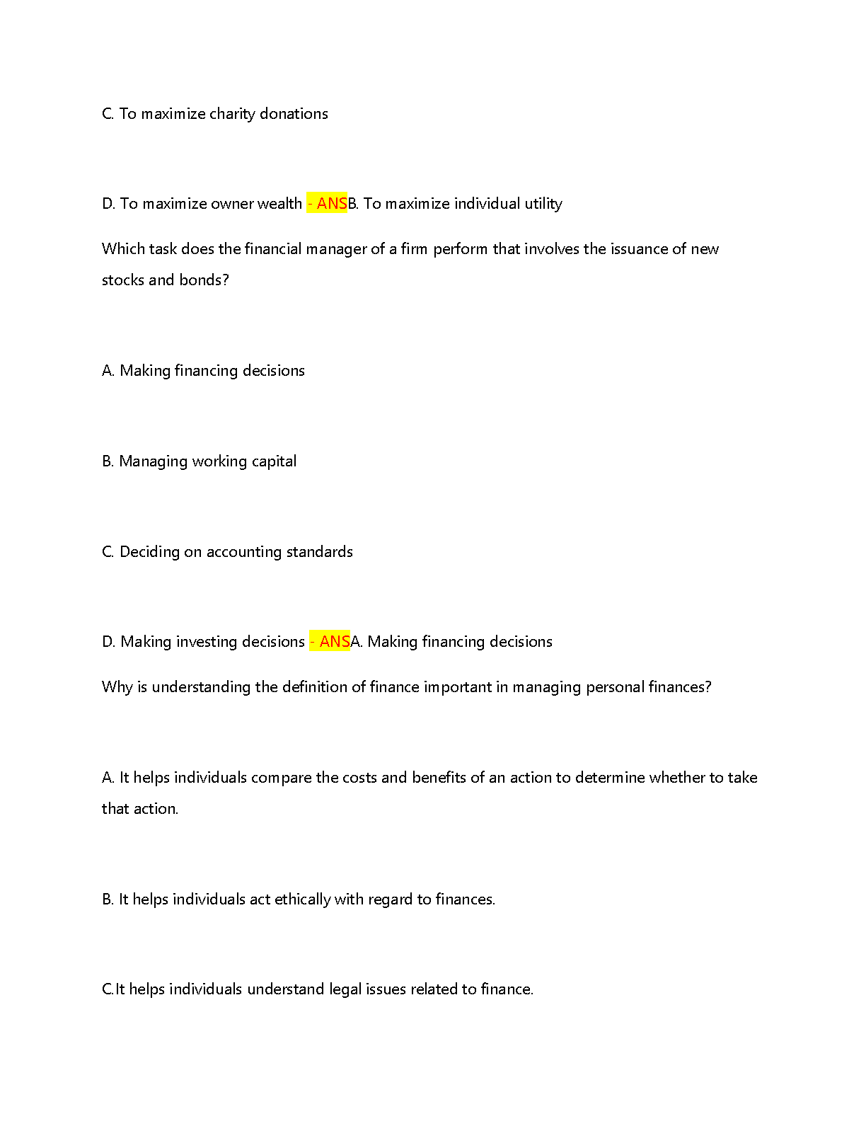 WGU D076 Finance for Managers Test Bank with Answers