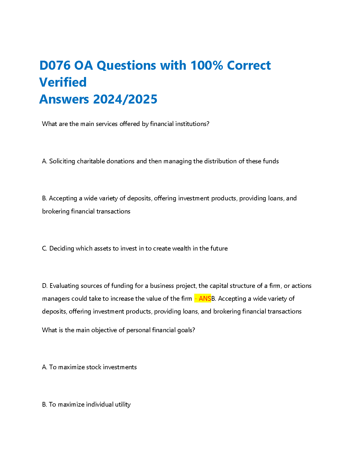 WGU D076 Finance for Managers Test Bank with Answers