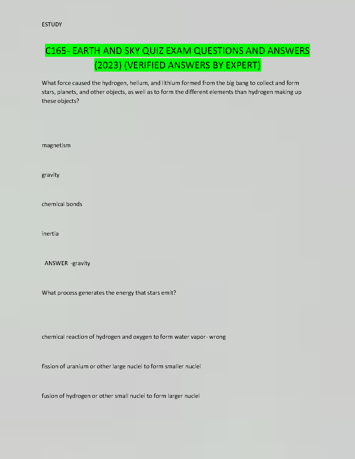 WGU C165 Earth and Sky Test Bank 2023 with Verified Answers