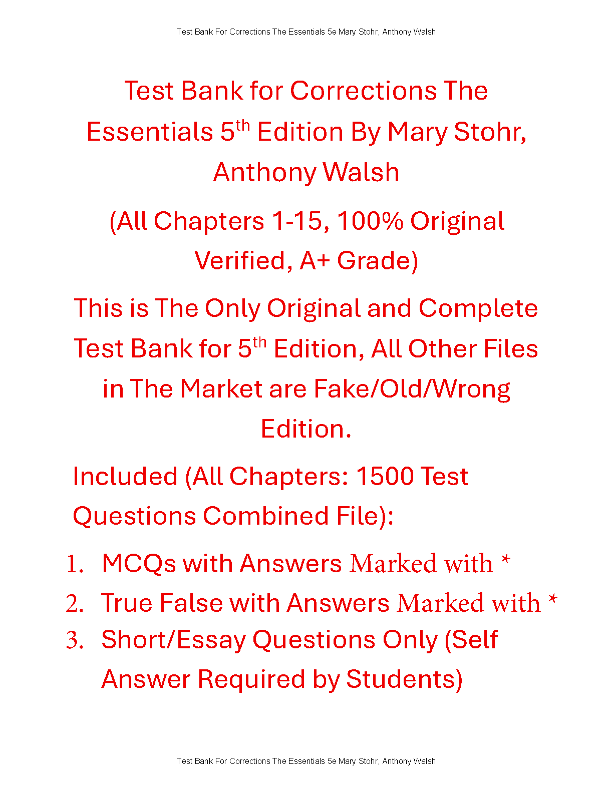Corrections The Essentials 5th Ed Test Bank Stohr Walsh Ch 1-15 IMG-1