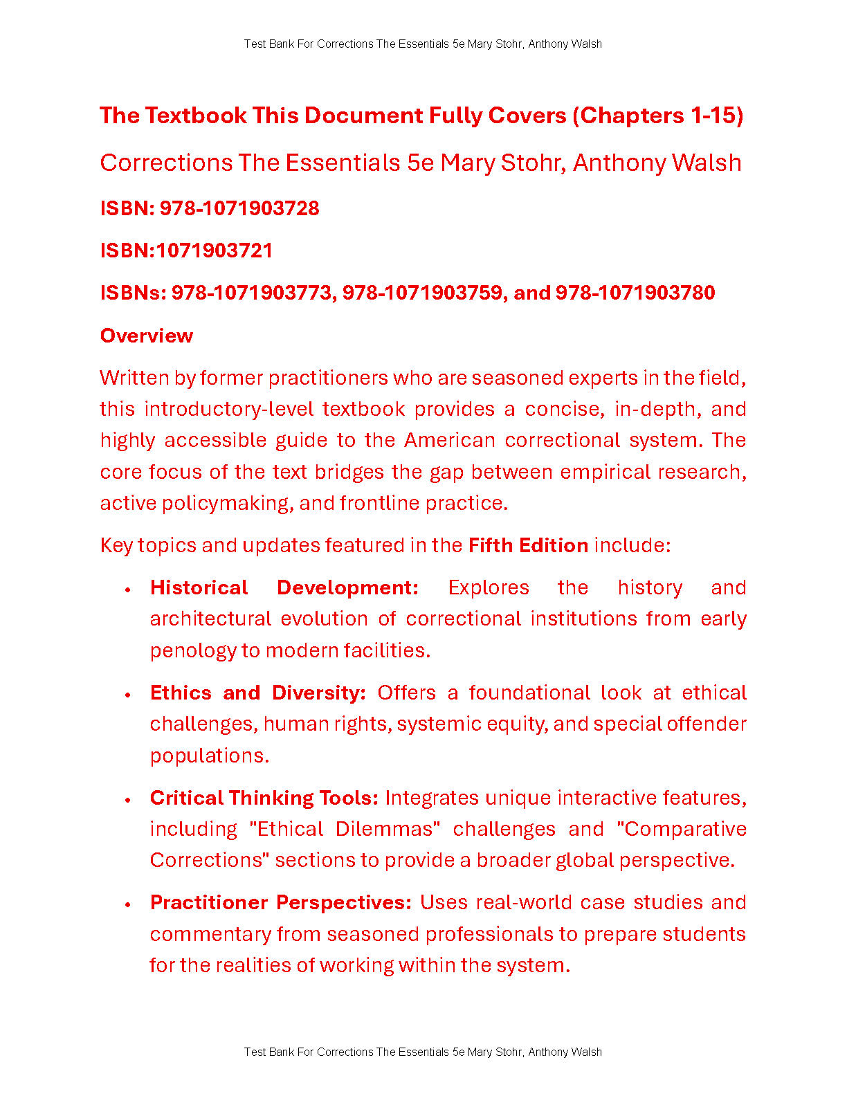 Corrections The Essentials 5th Ed Test Bank Stohr Walsh Ch 1-15