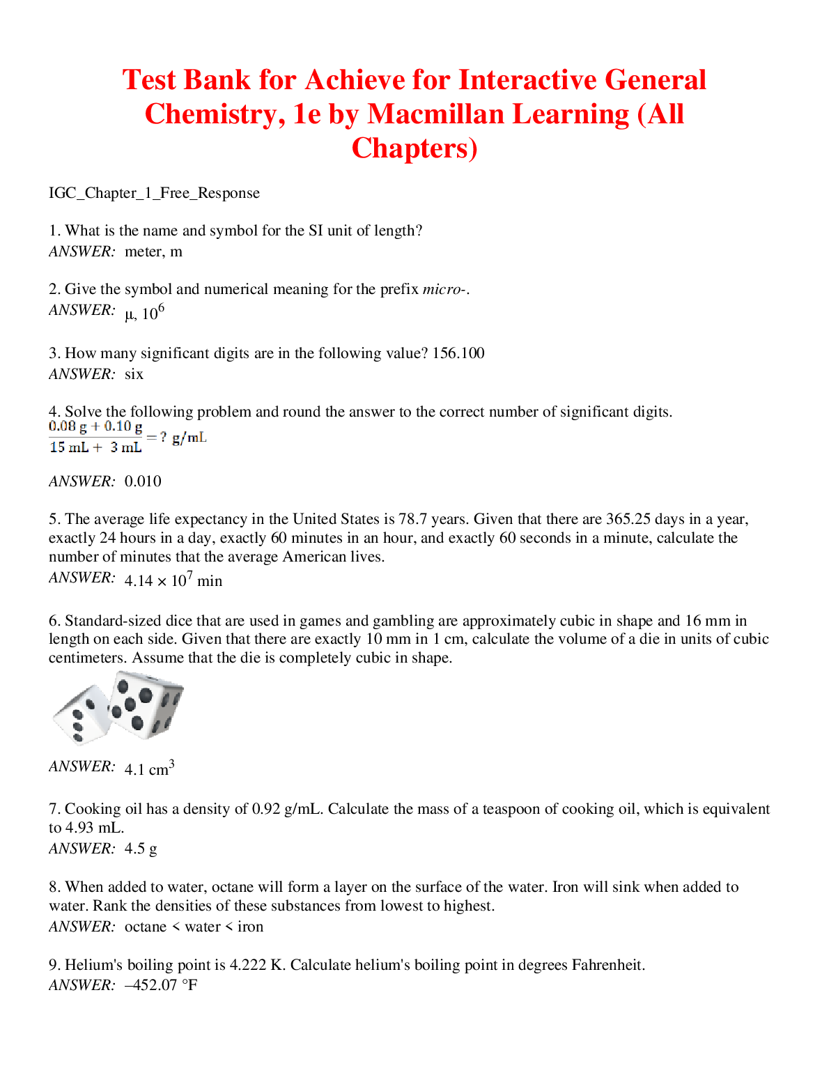 General Chemistry 1st Edition Test Bank